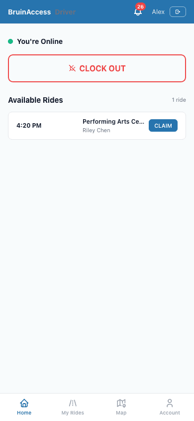 RideOps driver app home screen showing upcoming rides and shift status
