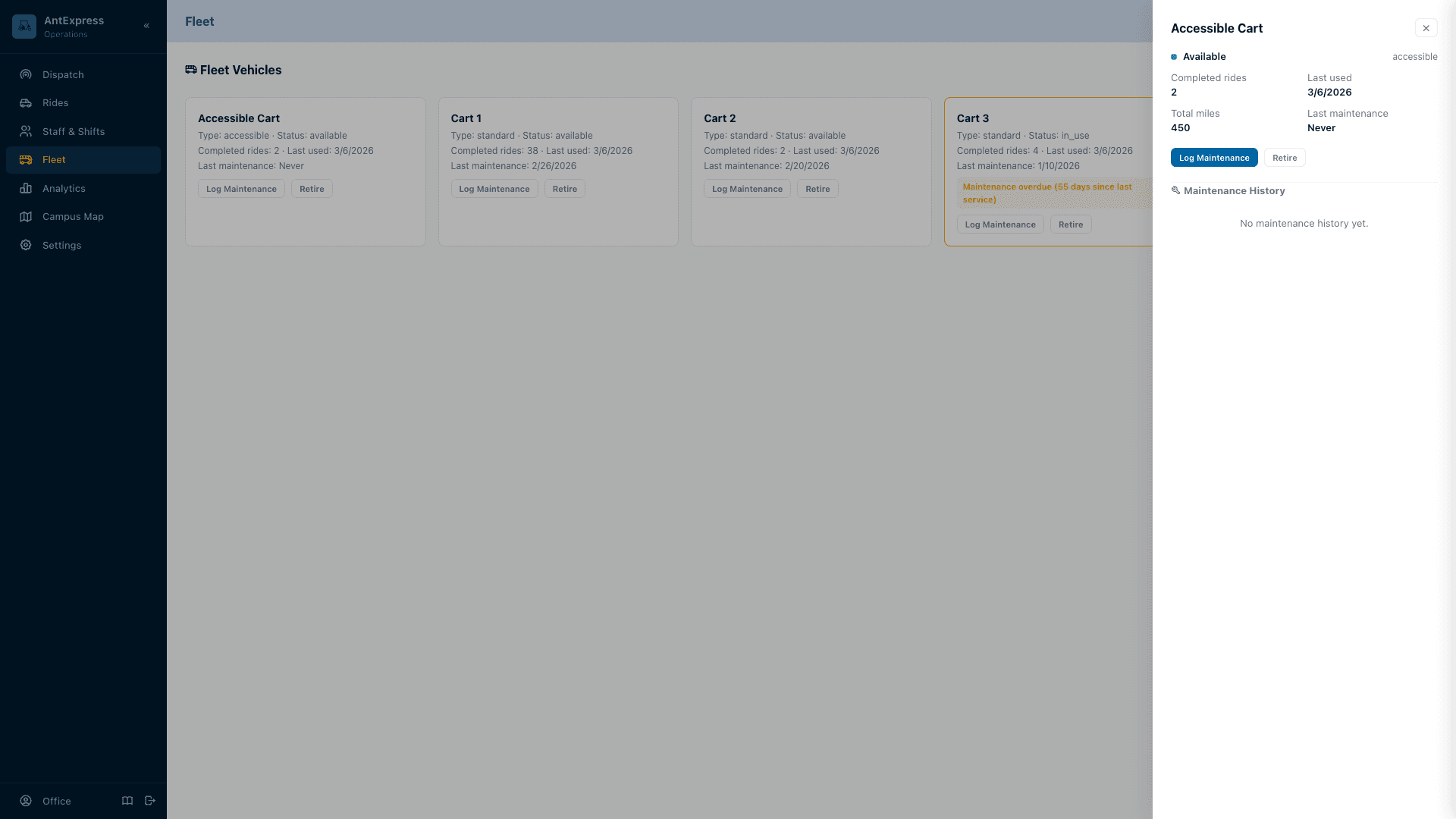 RideOps fleet management showing vehicle cards with maintenance status
