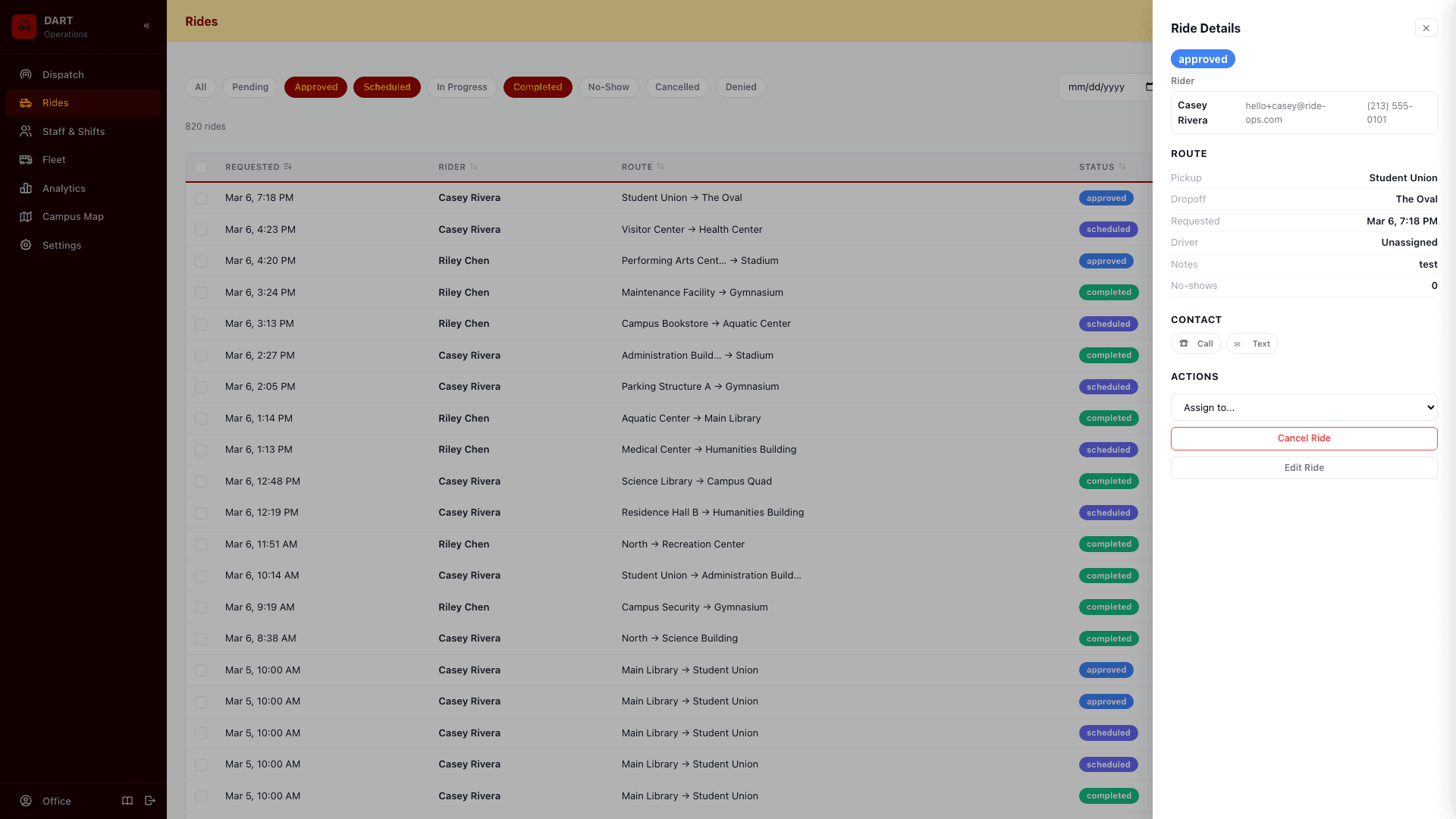 RideOps ride detail view with full audit trail and status history