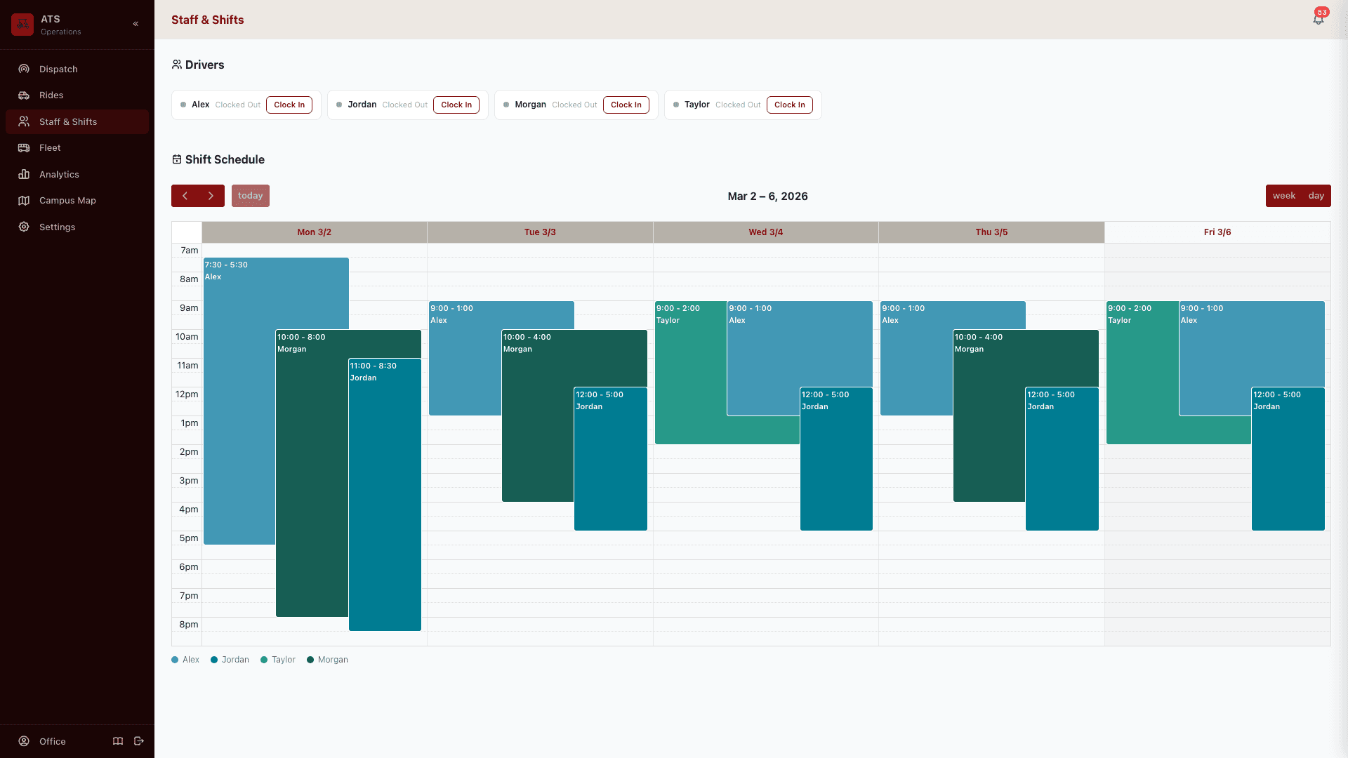 RideOps staff calendar with weekly shift scheduling and color-coded drivers